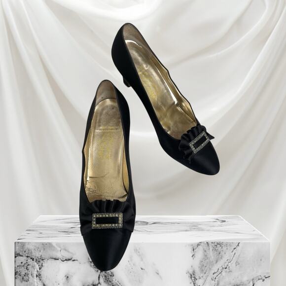 Ferragamo Black Silk Satin Pumps Heels Evening Shoes Italy Vintage 80s 9 B Women - Picture 7 of 16